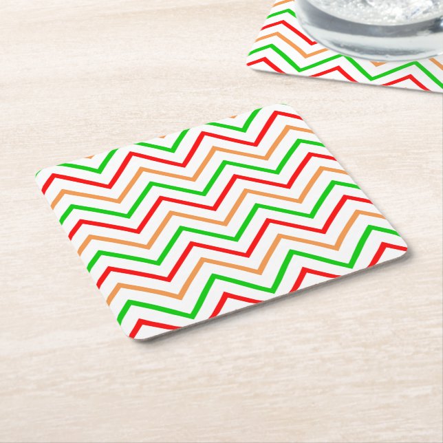 Red, Orange and Green Chevron Pattern Square Paper Coaster (Angled)