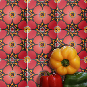 Red Orange And Grey Boho Geometric Pattern Ceramic Tile