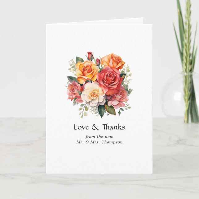 Red, Orange, and Sage Floral Wedding Photo Thank You Card (Front)
