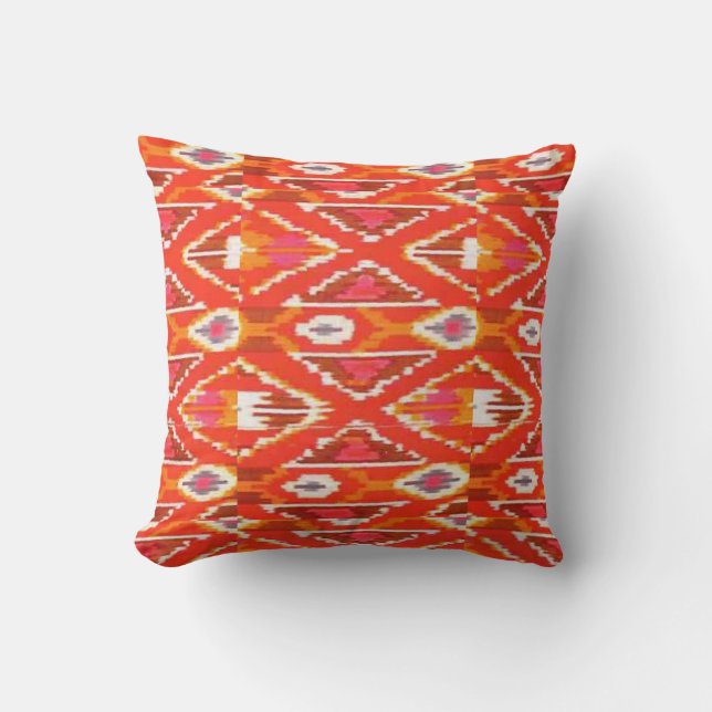 Red Orange and White Ikat Print Pillow (Front)