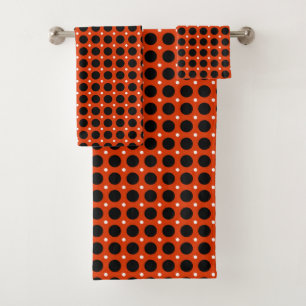 RED-ORANGE, BLACK AND WHITE POLKA DOT BATH TOWEL SET