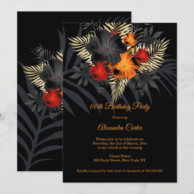 Red Orange Black Hibiscus Flowers Birthday Invitation (Front/Back)