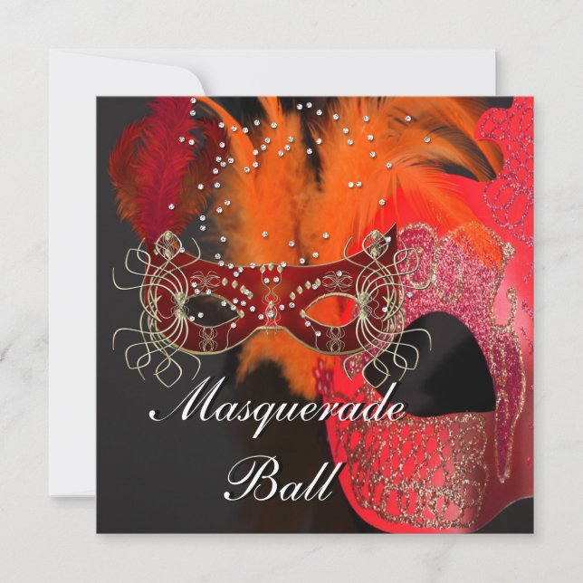 Red Orange Black Masks Masquerade Ball Party Invitation (Front)