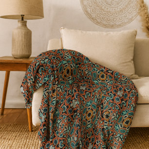 Red Orange Blue Aqua Turquoise Hip Bohemian Art Fleece Blanket