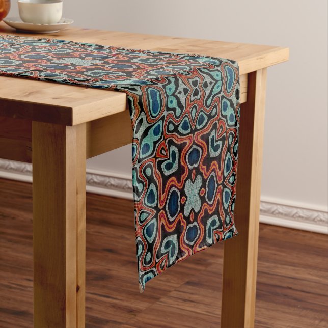 Red Orange Blue Aqua Turquoise Hip Bohemian Art Short Table Runner (In Situ)