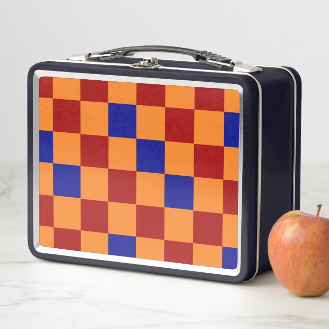 Red Orange Blue Checkered Pattern Design  Metal Lunch Box (In Situ)