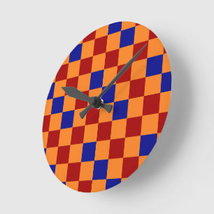 Red Orange Blue Checkered Pattern Design  Round Clock