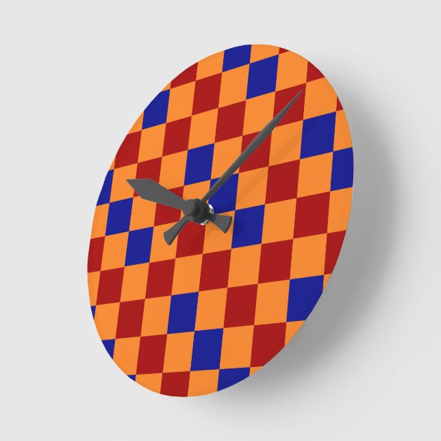 Red Orange Blue Checkered Pattern Design  Round Clock (Angle)