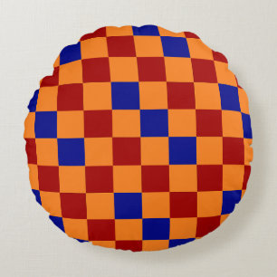 Red Orange Blue Chequered Pattern Design Round Cushion