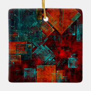 Red Orange Blue Squares Abstract Art Ceramic Ornament
