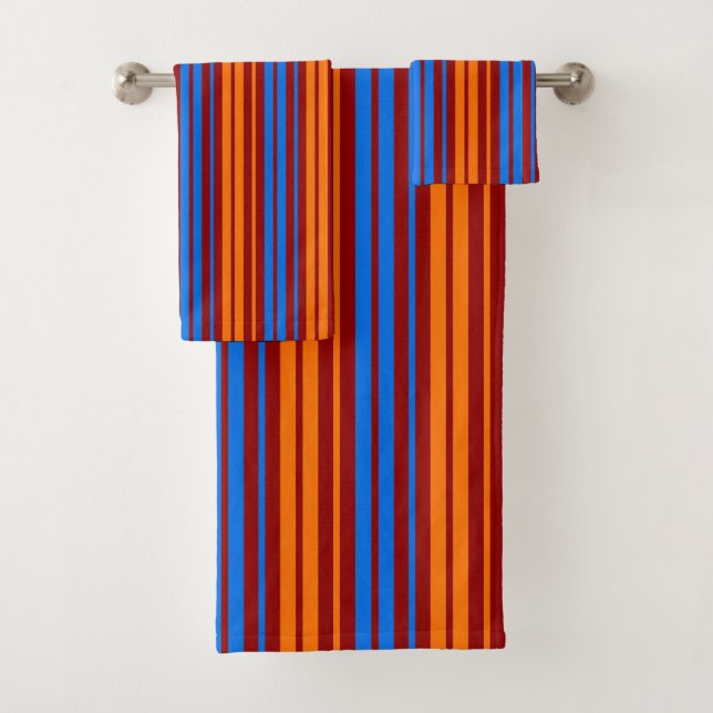 Red Orange Blue Vertical Stripes Design   Bath Towel Set (Insitu)