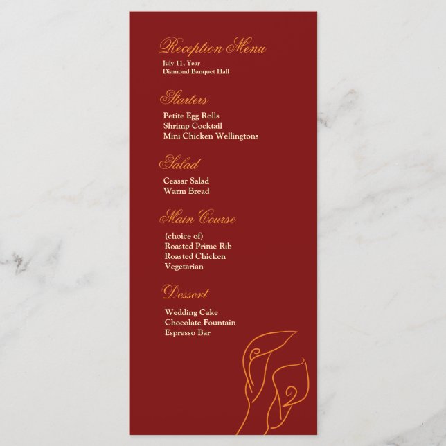 Red & Orange Calla Lilies Reception Menu (Front)