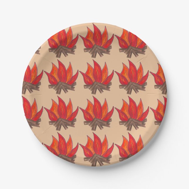 Red Orange Camping Campfire Fire Summer Camp Paper Plate (Front)