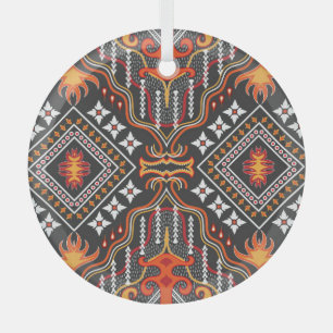 Red-Orange Central Asian: Traditional Motifs Glass Tree Decoration