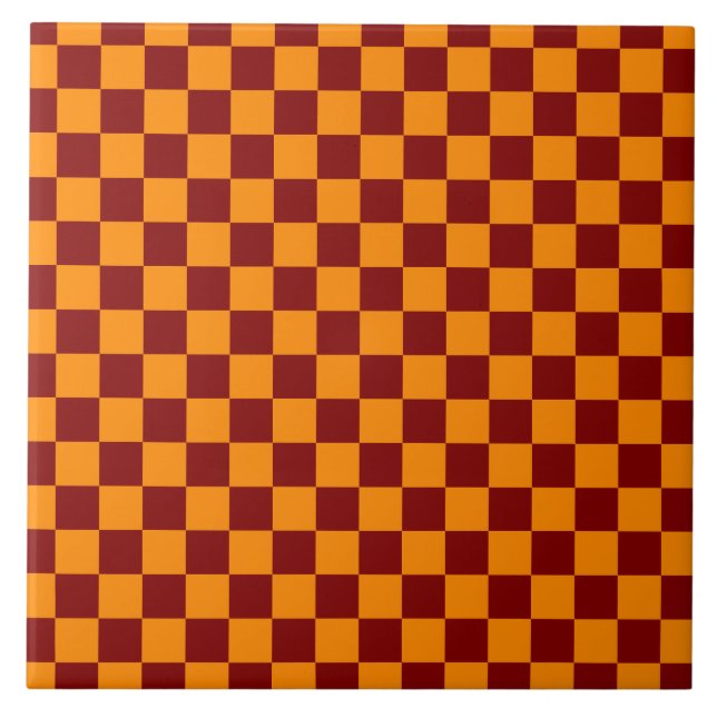 Red + Orange Check Chequered Chequerboard Pattern Ceramic Tile (Front)
