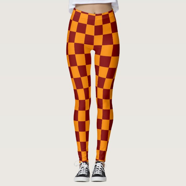 Red + Orange Check Chequered Chequerboard Pattern Leggings (Front)