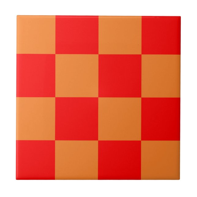 Red Orange Check Chequered Pattern  Ceramic Tile (Front)