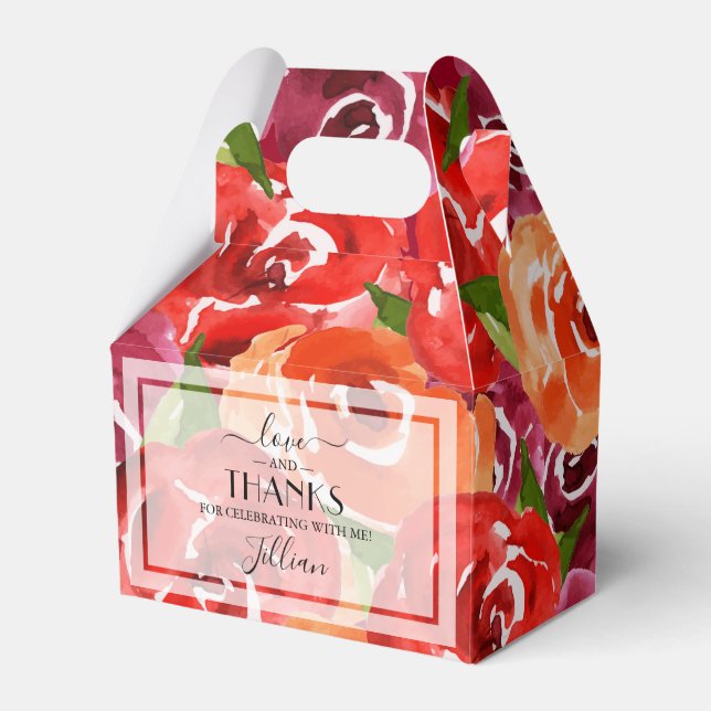 Red Orange Claret Watercolor Flowers Favour Box (Front Side)