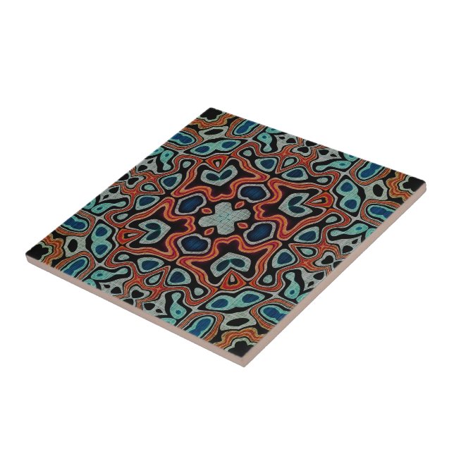 Red Orange Dark Teal Blue Ethnic Tribe Art Ceramic Tile (Side)