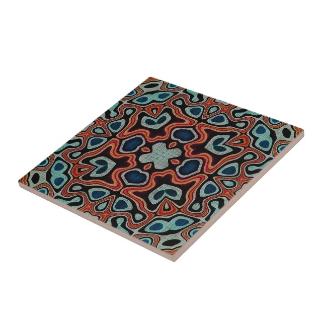 Red Orange Dark Teal Blue Ethnic Tribe Art Ceramic Tile (Side)