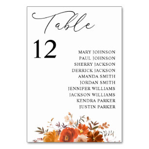 Red & Orange Fal Floral Table Number Seating Chart