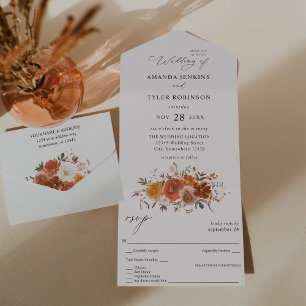 Red & Orange Fall Floral 2 Wedding All In One Invitation