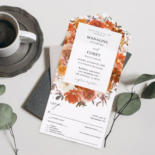 Red & Orange Fall Floral B Wedding All In One Invitation