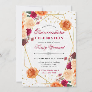 Red & Orange Fall Flowers Frame Quinceanera Invitation