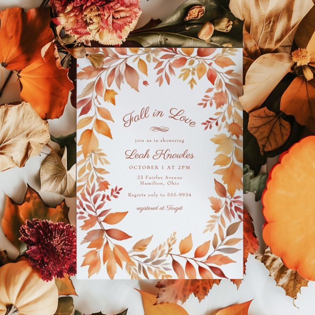 Red Orange Fall Leaves Fall in Love Bridal Shower Invitation (Creator Uploaded)