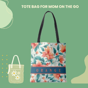 Red Orange Floral and Green Leaves Tote Bag