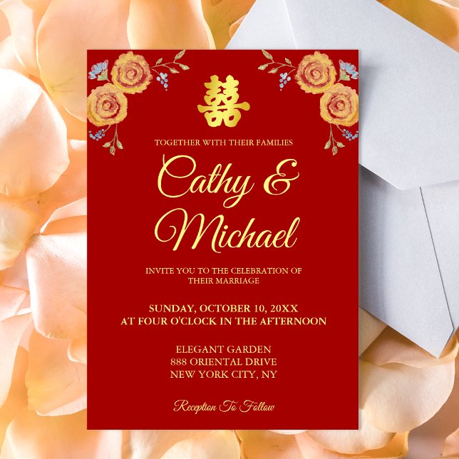 Red orange floral Chinese wedding double happiness Invitation (Traditional Chinese wedding invitation red invite orange watercolor flowers double happiness)