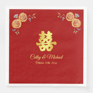 Red orange floral Chinese wedding double happiness Napkin