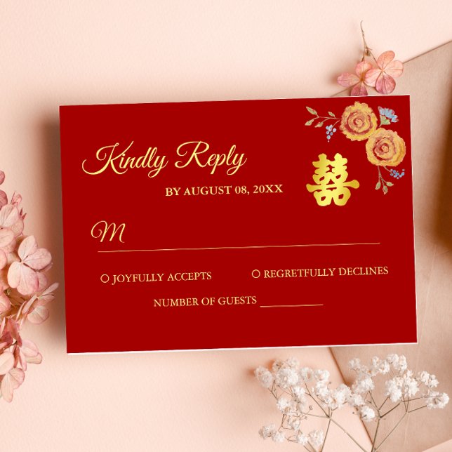 Red orange floral Chinese wedding double happiness RSVP Card (Creator Uploaded)