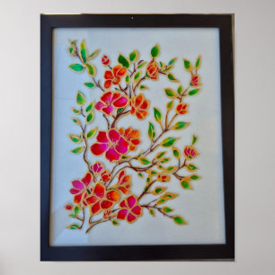 Red Orange Floral Glass Painting Wall Art