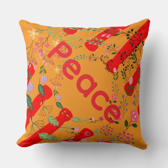 Red Orange Floral Peace Throw Pillow (Front)