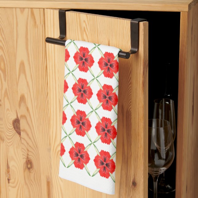 Red Orange Floral Tea Towel (Thirds Fold)
