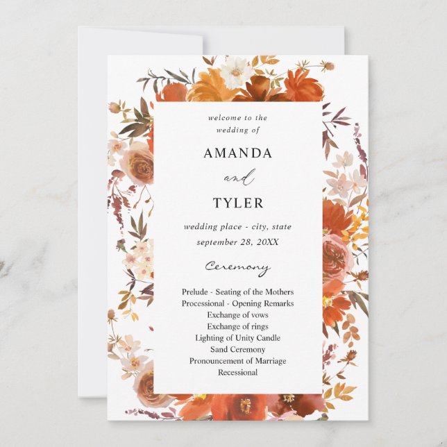 Red & Orange Floral Wedding Ceremony Program (Front)