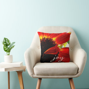 Red Orange Gerbera Daisy Flower Photo Joy Script Cushion