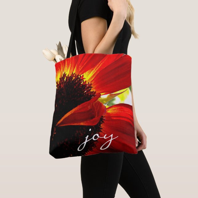 Red Orange Gerbera Daisy Photo Joy Script Modern Tote Bag (Close Up)