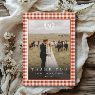 Red-Orange Gingham Monogram Crest 2 Photo Thank You Card