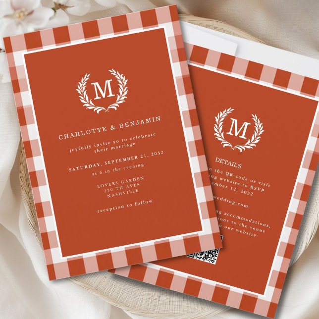 Red-Orange Gingham Monogram Crest QR Code Invitation (Red-Orange Gingham Monogram Crest QR Code Invitation for Details and RSVP. )