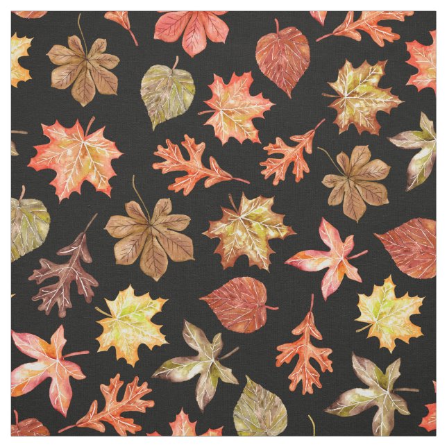 red orange gold autumn leaves pattern on black fabric (Swatch)