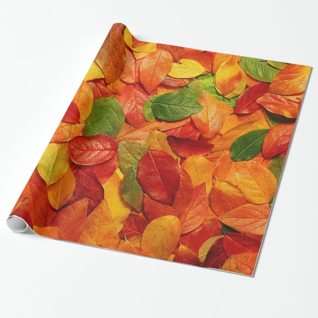 Red Orange Gold & Green Fall Oval Leaves Wrapping Paper (Unrolled)