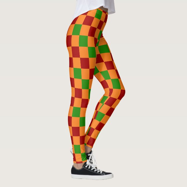 Red Orange Green Checkered Pattern Design  Leggings (Right)
