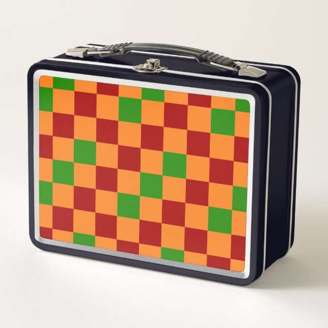 Red Orange Green Checkered Pattern Design  Metal Lunch Box (Front)
