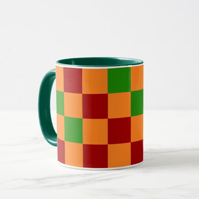 Red Orange Green Chequered Pattern Design  Mug (Front Left)