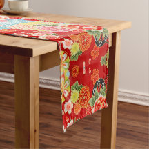 Red Orange Green Japanese Floral Cotton Dining 