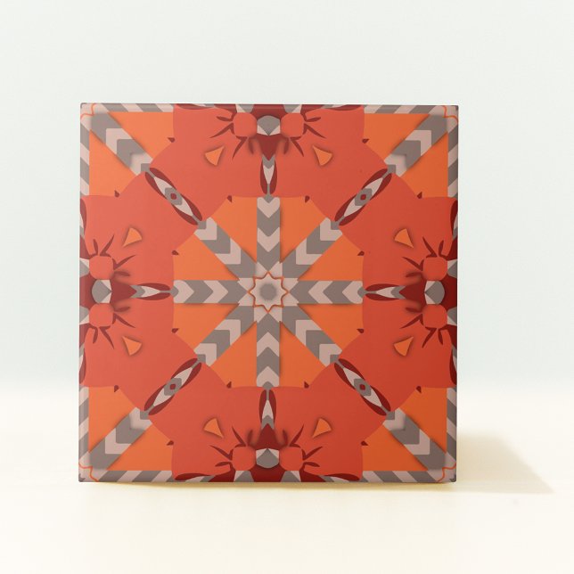 Red Orange Grey Ethnic Bohemian Folk Art Pattern Ceramic Tile (Creator Uploaded)