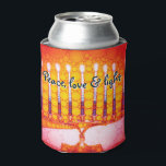 Red Orange Hanukkah Menorah Peace Love Light Artsy Can Cooler<br><div class="desc">“Peace, love & light.” A calligraphy script quote, overlaying a close-up photo illustration of a bright, colourful, red orange and yellow gold artsy menorah, helps you usher in the holiday of Hanukkah in style. Feel the warmth and joy of the holiday season whenever you relax with your favourite beverage with...</div>