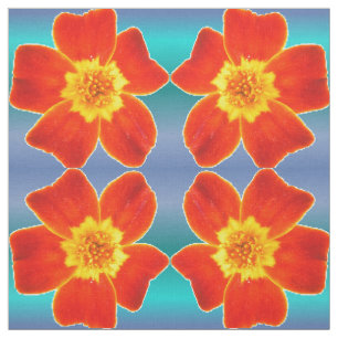 Red Orange Marigold Flower Blue Background Pattern Fabric